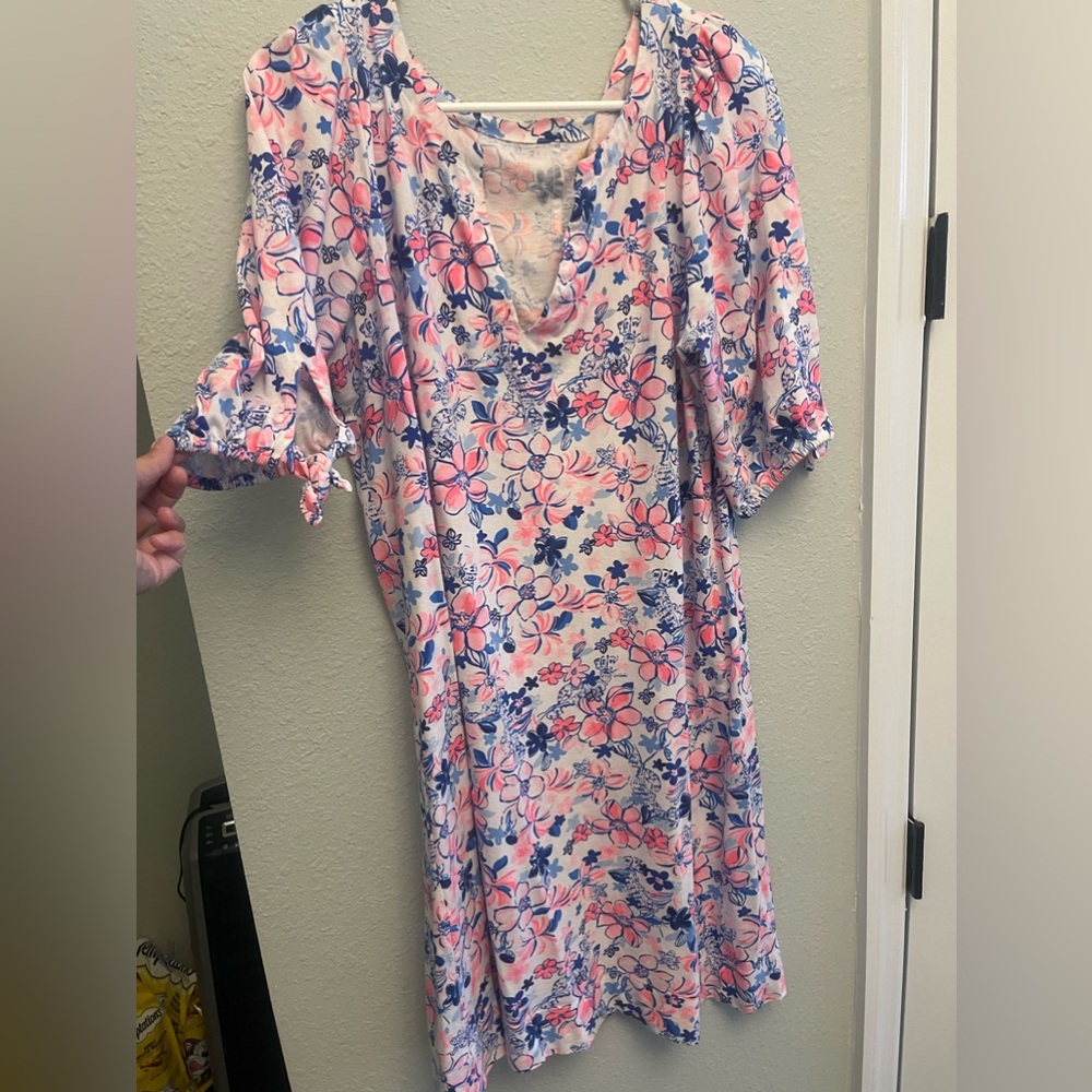 Lilly Pulitzer Pink and Blue Puff Sleeve Midi Sundress
